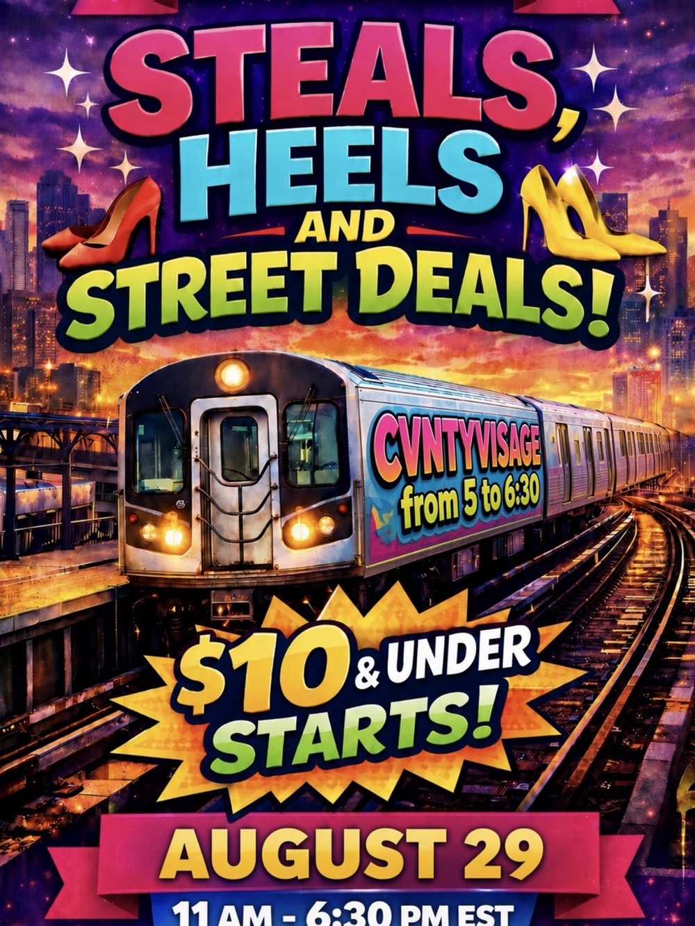 Steals, Heels and Street Deals! Event Poster - Colorful Train Graphic